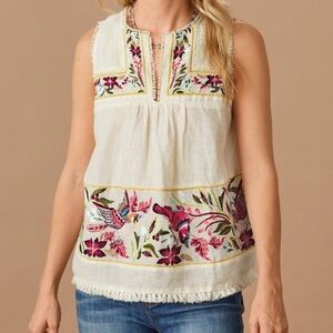 Sundance Floria Sleeveless Linen Top Floral Embroidery Marshmallow White XL NWT